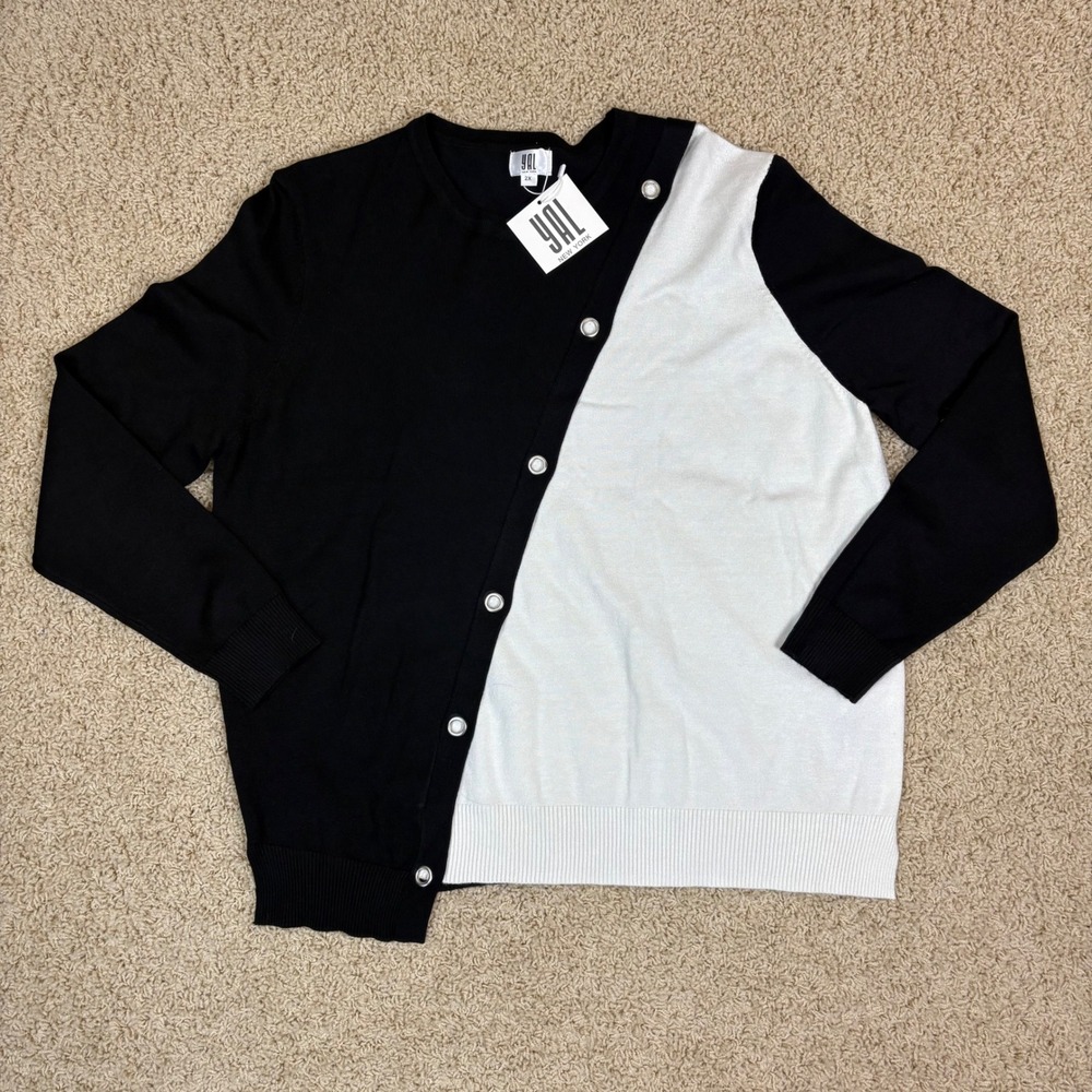 YAL New York Black White‎ Asymmetrical Button Cardigan Sweater 2X